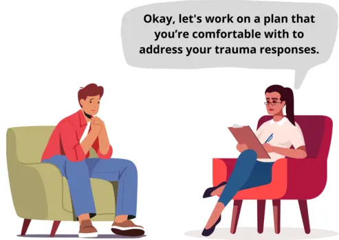 A therapist working on trauma responses with her client. 