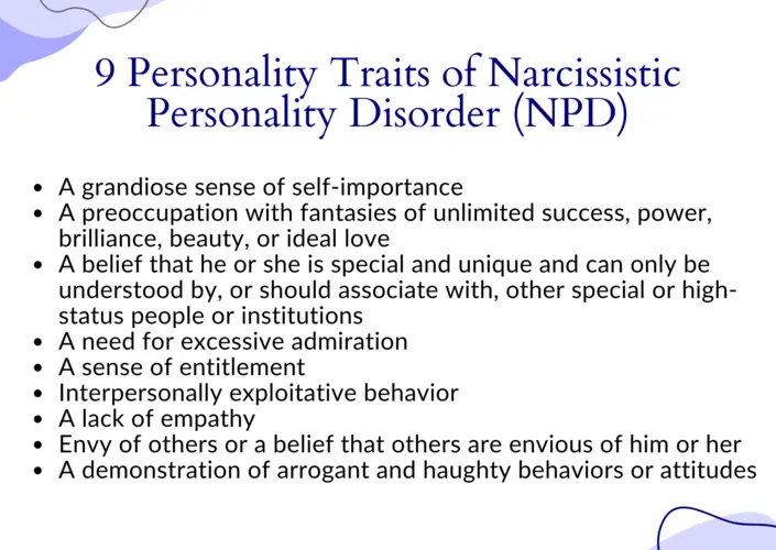 The nine traits of narcissistic personality disorder (NPD)

1. A grandiose sense of self-importance

2. A preoccupation with fantasies of unlimited success, power, brilliance, beauty, or ideal love

3. A belief that he or she is special and unique and can only be understood by, or should associate with, other special or high-status people or institutions

4. A need for excessive admiration

5. A sense of entitlement

6. Interpersonally exploitative behavior

7. A lack of empathy

8. Envy of others or a belief that others are envious of him or her

9. A demonstration of arrogant and haughty behaviors or attitudes