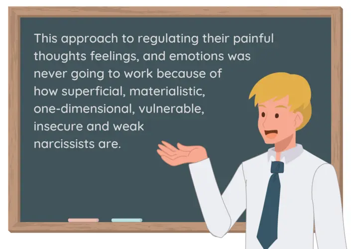  This approach to regulating their painful thoughts feelings, and emotions was never going to work because of how superficial, materialistic, one-dimensional, vulnerable, insecure and weak narcissists are. 