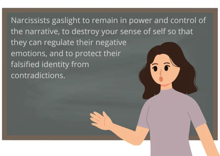 Narcissists gaslight to remain in power and control of the narrative, to destroy your sense of self so that they can regulate their negative emotions, and to protect their falsified identity from contradictions.