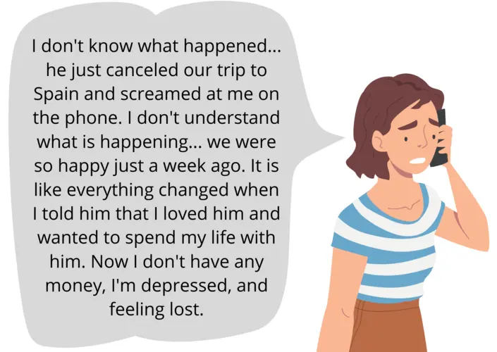 "I don't know what happened... he/she just canceled our trip to Spain and screamed at me on the phone. I don't understand what is happening... we were so happy just a week ago. It is like everything changed when I told him/her that I loved him/her and wanted to spend my life with him/her. Now I don't have any money, I'm depressed, and feeling lost."