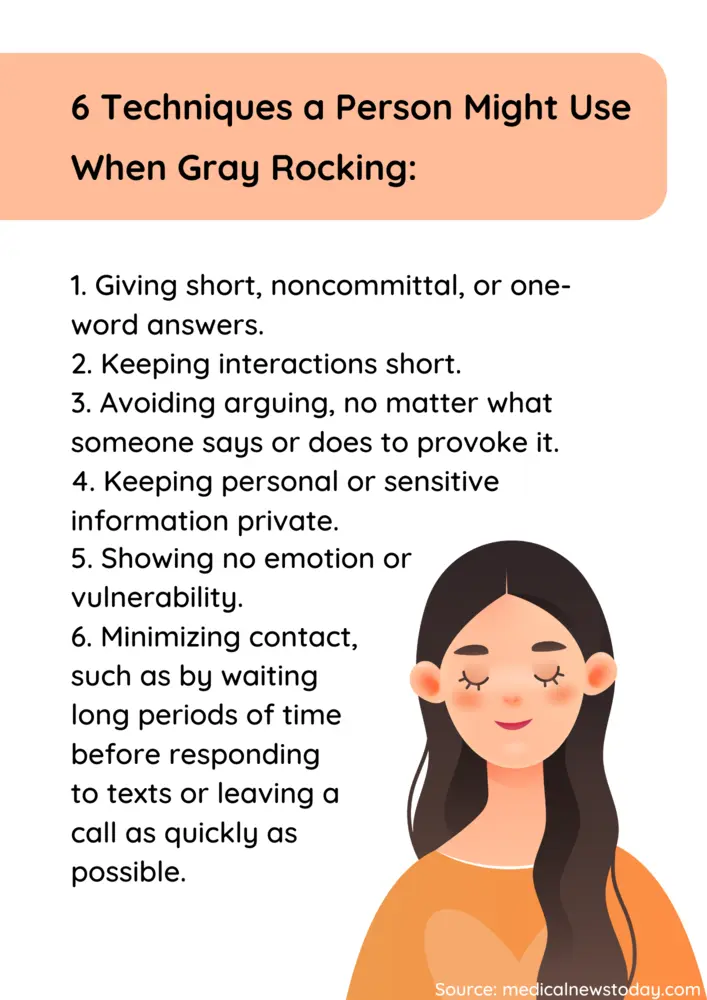 6 techniques a person might use while Gray Rocking.