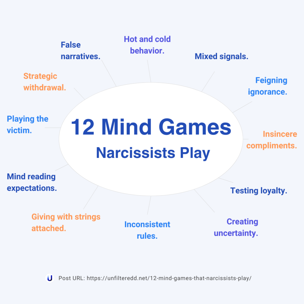 An infographic of the 12 mind games that narcissists play.